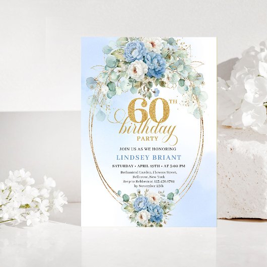 Boho Pastel Blue Peonies 60th Birthday Invitation Kaart