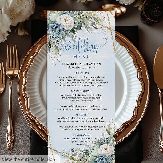 Boho Pastel Blue Peonies Gold Frame Dinner Menu