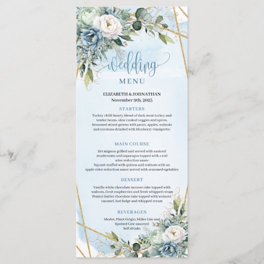 Boho Pastel Blue Peonies Gold Frame Dinner Menu (Voorkant)