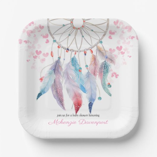 Boho Pastel Feathers Dreamweaver Girl Baby shower Papieren Bordje (Voorkant)