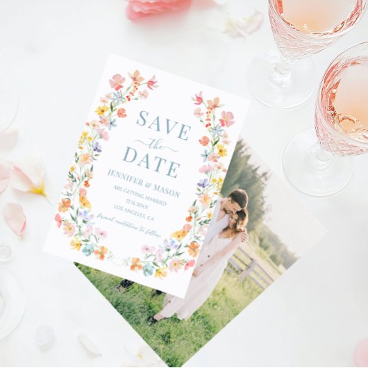 Boho Pastel Meadow Flowers Bewaar de datum Foto Kaart