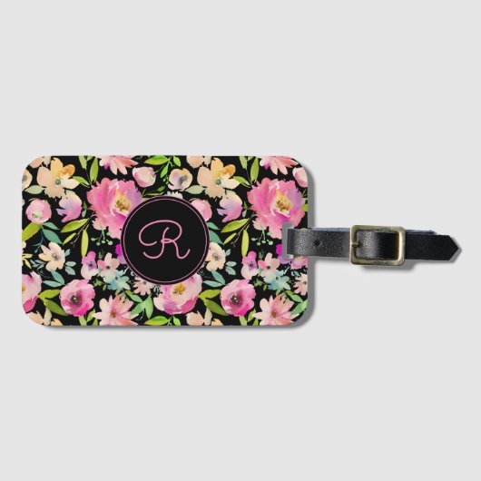 Boho Pastel Pink Floral Waterverf Botanisch Bagagelabel (Voorkant (horizontaal))