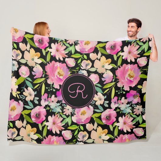 Boho Pastel Pink Green Floral Waterverf Botanisch Fleece Deken (In situ)