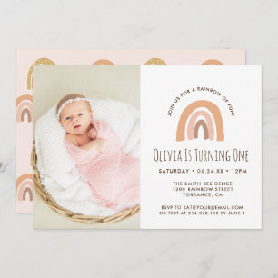Boho Pastel Rainbow 1st Birthday Fotouitnodiging Kaart