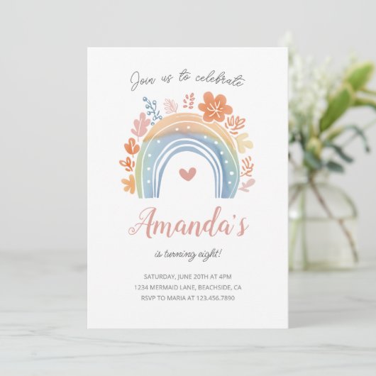 Boho Pastel Rainbow Girl's Birthday Party Kaart (Staand voorkant)