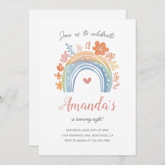 Boho Pastel Rainbow Girl's Birthday Party Kaart (Voorkant / Achterkant)