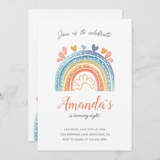 Boho Pastel Rainbow Girl's Birthday Party Kaart (Voorkant / Achterkant)