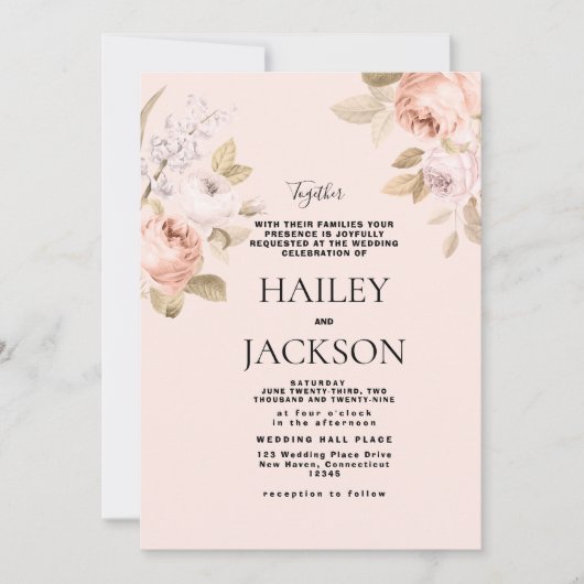 Boho pastel roze bruine rustieke bloemige bruiloft kaart (Voorkant)