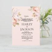 Boho pastel roze bruine rustieke bloemige bruiloft kaart (Staand voorkant)