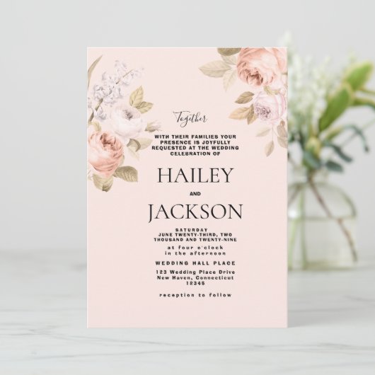 Boho pastel roze bruine rustieke bloemige bruiloft kaart (Staand voorkant)