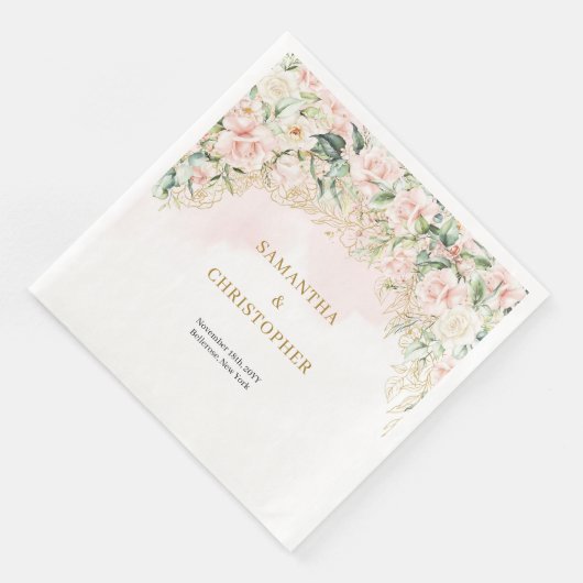 Boho pastel roze rozen eucalyptus gouden bruiloft servet (Hoek)