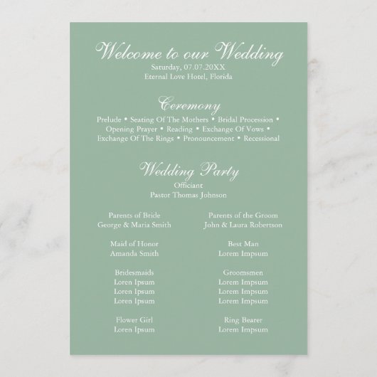 Boho Pastel Sage & Blush Pioenrozen Trouwprogramma Programmakaart (Achterkant)