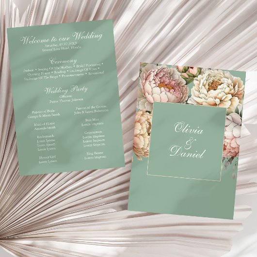 Boho Pastel Sage & Blush Pioenrozen Trouwprogramma Programmakaart