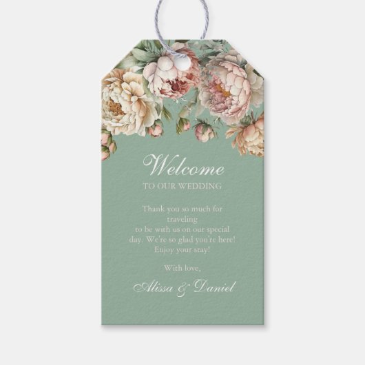 Boho pastel salie groen blush roze pioenrozen brui cadeaulabel (Voorkant)