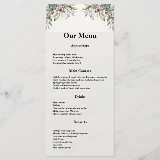 BOHO Pastel Tuin Kleuren Bruiloft Diner menu (Voorkant)