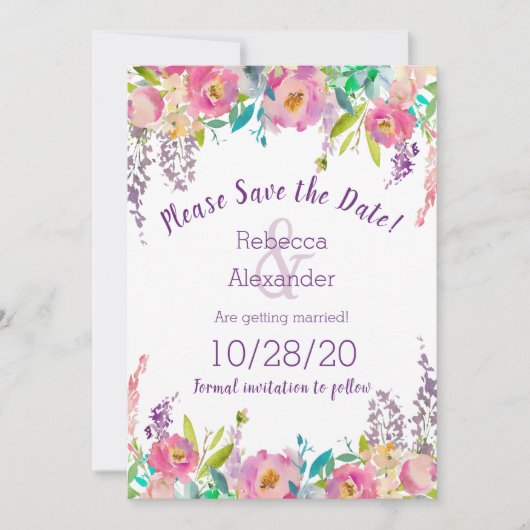 Boho Pastel Water Color Floral Save the Date (Voorkant)