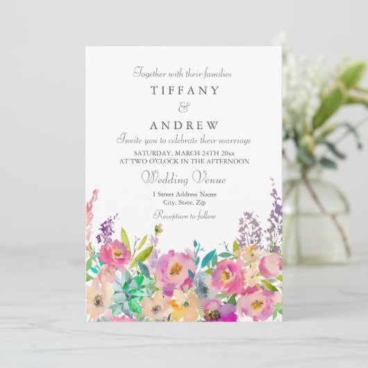 Boho Pastel Waterverf Floral Wedding Kaart (Staand voorkant)