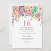 Boho Pastel Waterverf Flowers 16e Birthday Party Kaart (Voorkant)