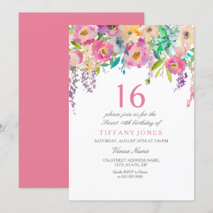 Boho Pastel Waterverf Flowers 16e Birthday Party Kaart