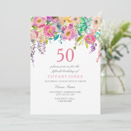 Boho Pastel Waterverf Flowers 50th Birthday Party Kaart (Staand voorkant)