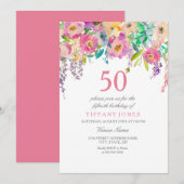 Boho Pastel Waterverf Flowers 50th Birthday Party Kaart (Voorkant / Achterkant)