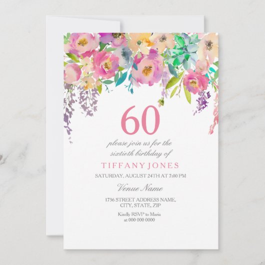 Boho Pastel Waterverf Flowers 60th Birthday Party Kaart (Voorkant)