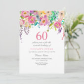 Boho Pastel Waterverf Flowers 60th Birthday Party Kaart (Staand voorkant)
