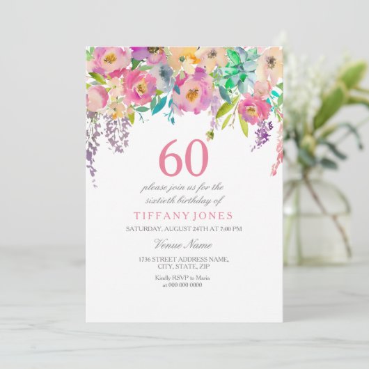 Boho Pastel Waterverf Flowers 60th Birthday Party Kaart (Staand voorkant)