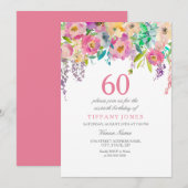 Boho Pastel Waterverf Flowers 60th Birthday Party Kaart (Voorkant / Achterkant)