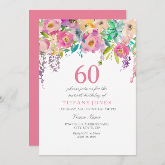 Boho Pastel Waterverf Flowers 60th Birthday Party Kaart (Voorkant / Achterkant)