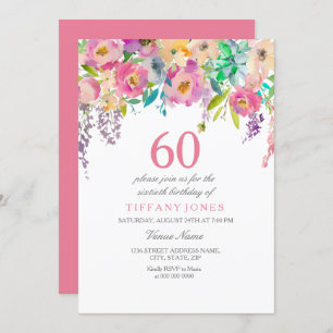 Boho Pastel Waterverf Flowers 60th Birthday Party Kaart
