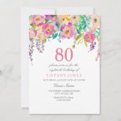 Boho Pastel Waterverf Flowers 80th Birthday Party Kaart (Voorkant)