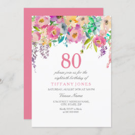 Boho Pastel Waterverf Flowers 80th Birthday Party Kaart