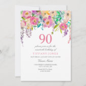 Boho Pastel Waterverf Flowers 90th Birthday Party Kaart (Voorkant)