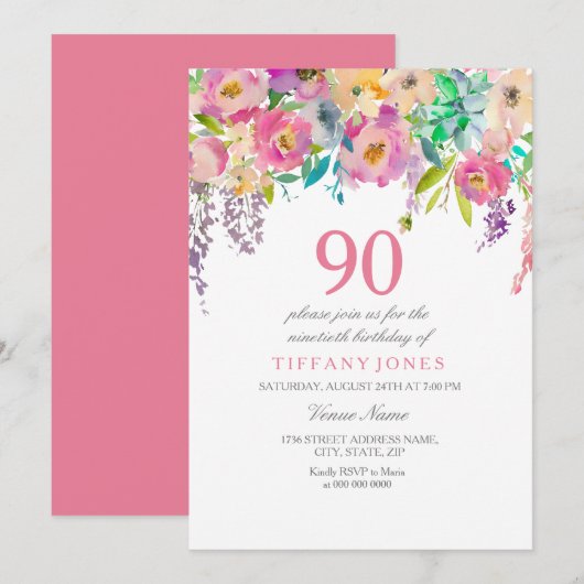 Boho Pastel Waterverf Flowers 90th Birthday Party Kaart (Voorkant / Achterkant)
