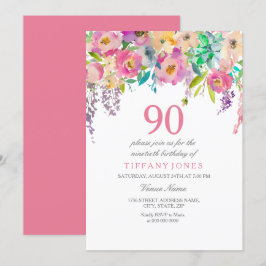 Boho Pastel Waterverf Flowers 90th Birthday Party Kaart
