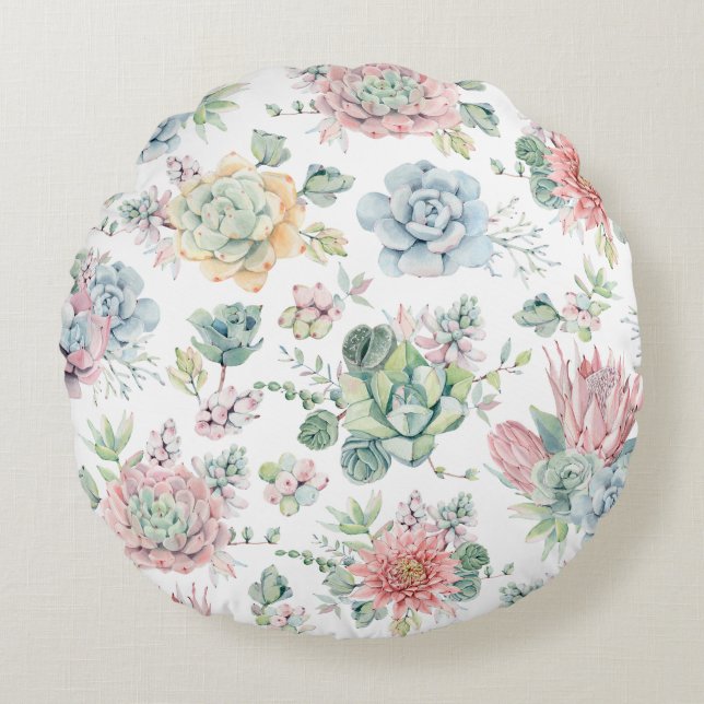 Boho Pastel Waterverf Succulenten Bloemenpatroon Rond Kussen (Voorkant)