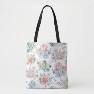 Boho Pastel Waterverf Succulenten Bloemenpatroon Tote Bag