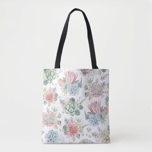 Boho Pastel Waterverf Succulenten Bloemenpatroon Tote Bag (Voorkant)