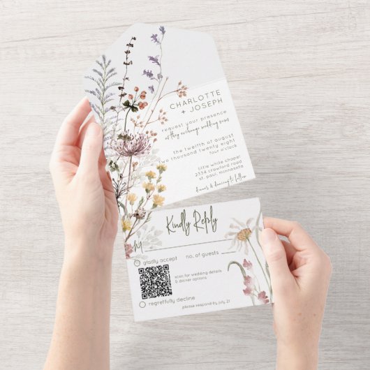 Boho Pastel Wildbloemen Moderne QR-code All In One Uitnodiging (Afscheurbaar)