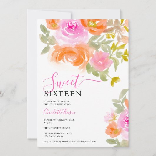 Boho pastel wilde bloembloem waterverf Sweet 16 Kaart (Voorkant)