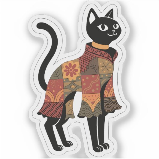 Boho Patchwork Kat Folk Art Sticker (Voorkant)