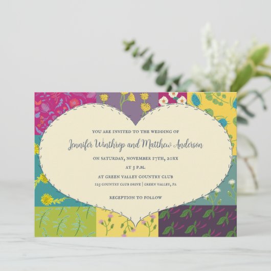 Boho Patchwork Quilt en Heart Shape Bruiloft Kaart (Staand voorkant)