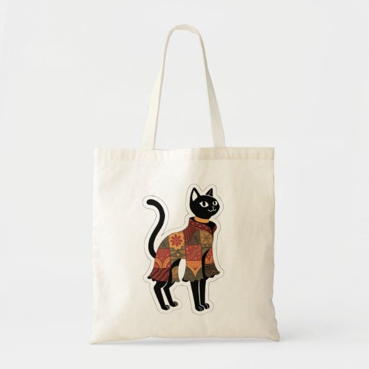 Boho Patchwork Zwarte Kat Folk Art Tas (Voorkant)