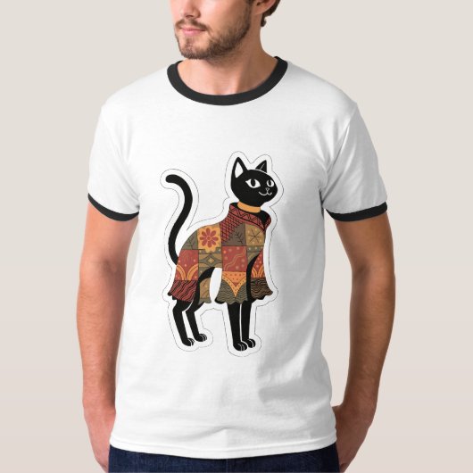 Boho Patchwork Zwarte Kat Grafische T-shirt (Voorkant)