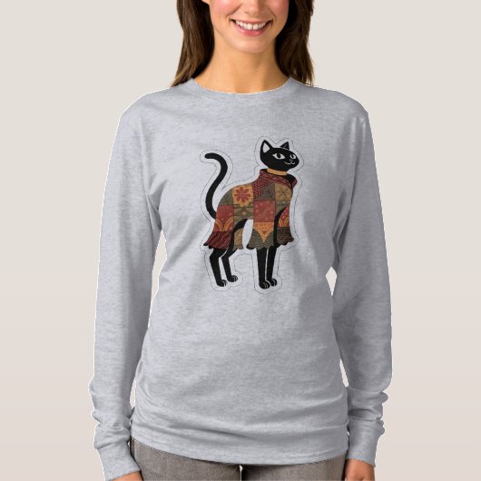 Boho Patchwork Zwarte Kat Grafische T-shirt (Voorkant)