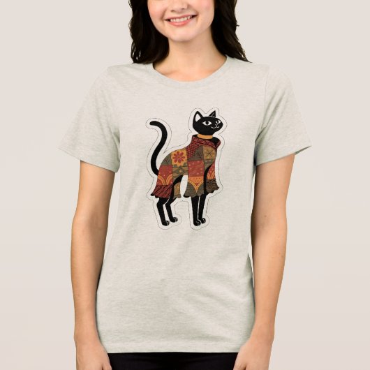 Boho Patchwork Zwarte Kat Grafische T-shirt (Voorkant)