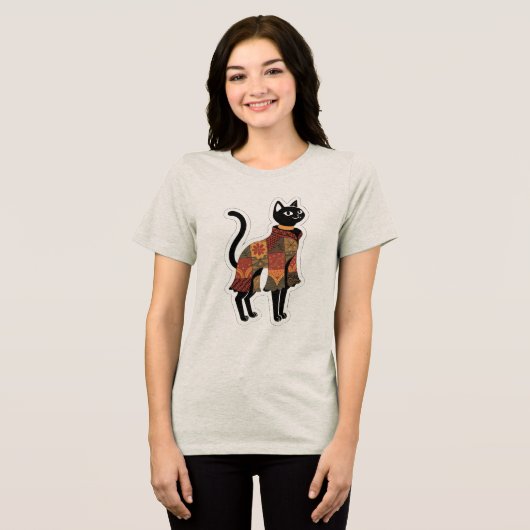 Boho Patchwork Zwarte Kat Grafische T-shirt (Voorkant volledig)