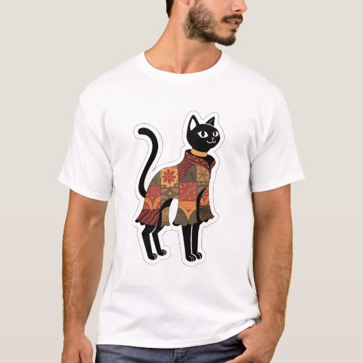 Boho Patchwork Zwarte Kat Grafische T-shirt (Voorkant)