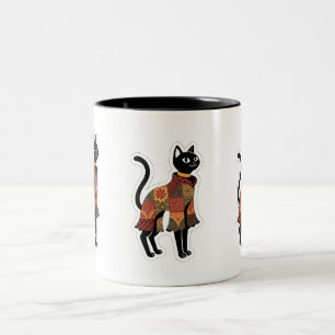 Boho Patchwork Zwarte Kat Koffiemok Tweekleurige Koffiemok